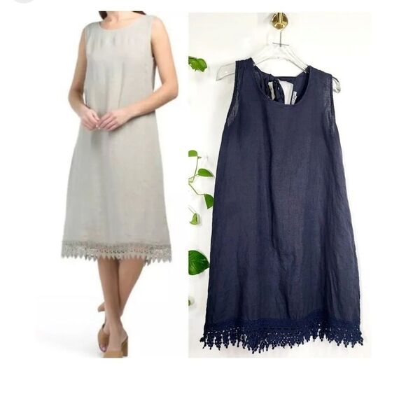 ROSEMARINE 100% Linen Navy Shift Mini Dress SMALL Sleeveless Solid Lace Italy - Picture 1 of 9